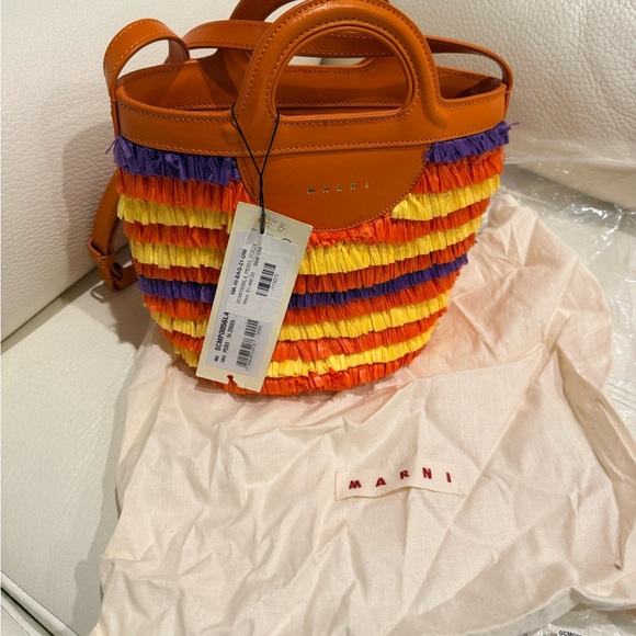 MARNI Tropicalia leather-trimmed faux raffia bucket bag NWT - Picture 9 of 9